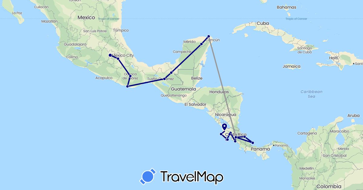 TravelMap itinerary: driving, plane in Costa Rica, Mexico, Panama (North America)